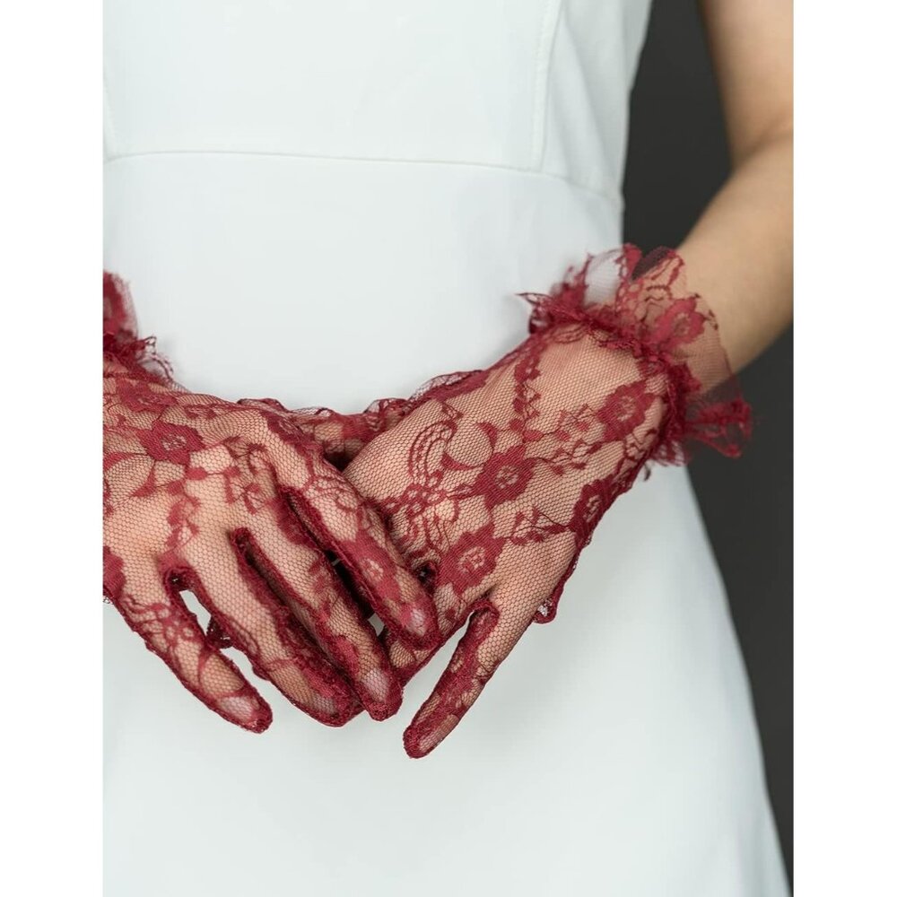 Women's Red Vintage Evening Short Lace Gloves Wedding Party Prom Accessories - Picture 4 of 6